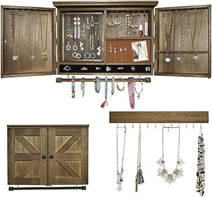GLANT Rustic Wall Mounted Jewelry Organizer with Wooden Barndoor Decor,Wooden Wall Mount Holder,Jewelry holder for Necklaces, Earings, Bracelets, Ring Holder. Includes matching hook organizer