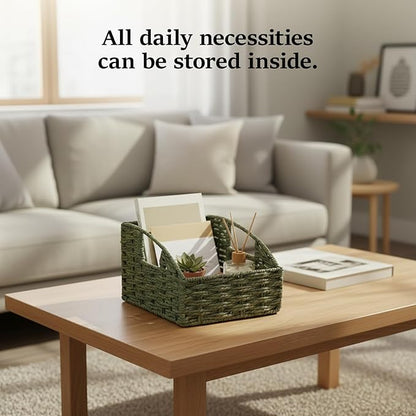 Storage Basket, 2 Pack Handwoven Round Paper Rope Pantry Baskets for Organizing with Handles, Iron Frame Support Baskets for Shelves,Trapezoid Wicker Basket for Home Decor, Green