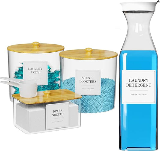 3+1 Pack Laundry Pods Containers & Dryer Sheet Holder & Laundry Detergent Dispenser, Laundry Room Organization and Storage Jars with Lids, Labels and Scoops for Scent Booster, Powder, Pods