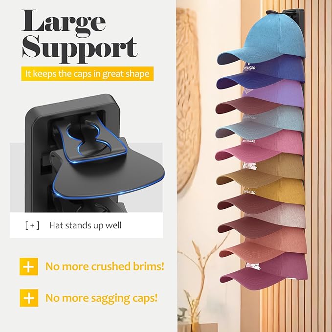 Hat Organizer for Baseball Caps 1 Pack, Adhesive Hat Rack for Wall, Baseball Cap Organizer (Black)