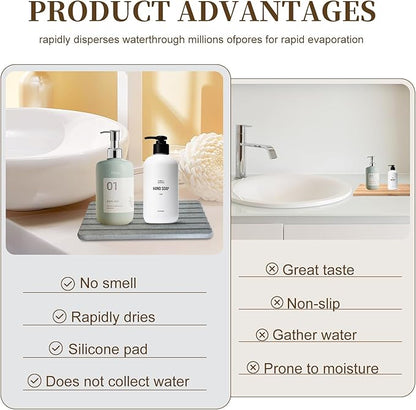 2PCS Fast-Dry Diatomite Sink Tray Set, Ultra Absorbent Soap Holder & Coaster with Non-Slip Feet & Grooved Design, Bathroom Kitchen Countertop Organizer, 8.3x4 Inches (Grey)