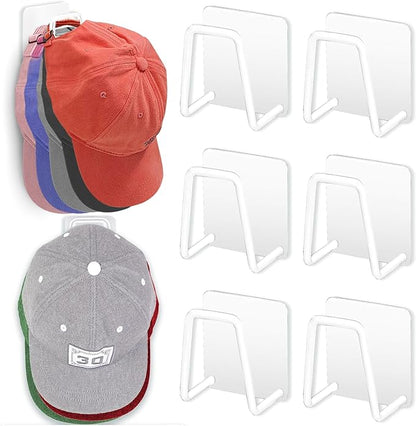 Hat Rack for Wall Hat Organizer (6-Pack), Metal Hat Racks for Baseball Caps, Adhesive Hat Hooks for Wall, No Drilling Hat Hangers for Closet Hat Holder Display, Sticky Hat Storage for Baseball Cap