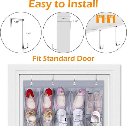MISSLO 35 Large Pockets Over The Door Shoe Organizer Sturdy Oxford Fabric Hanging Shoe Rack for Door Mesh Closet Shoe Holder Hanger, Grey