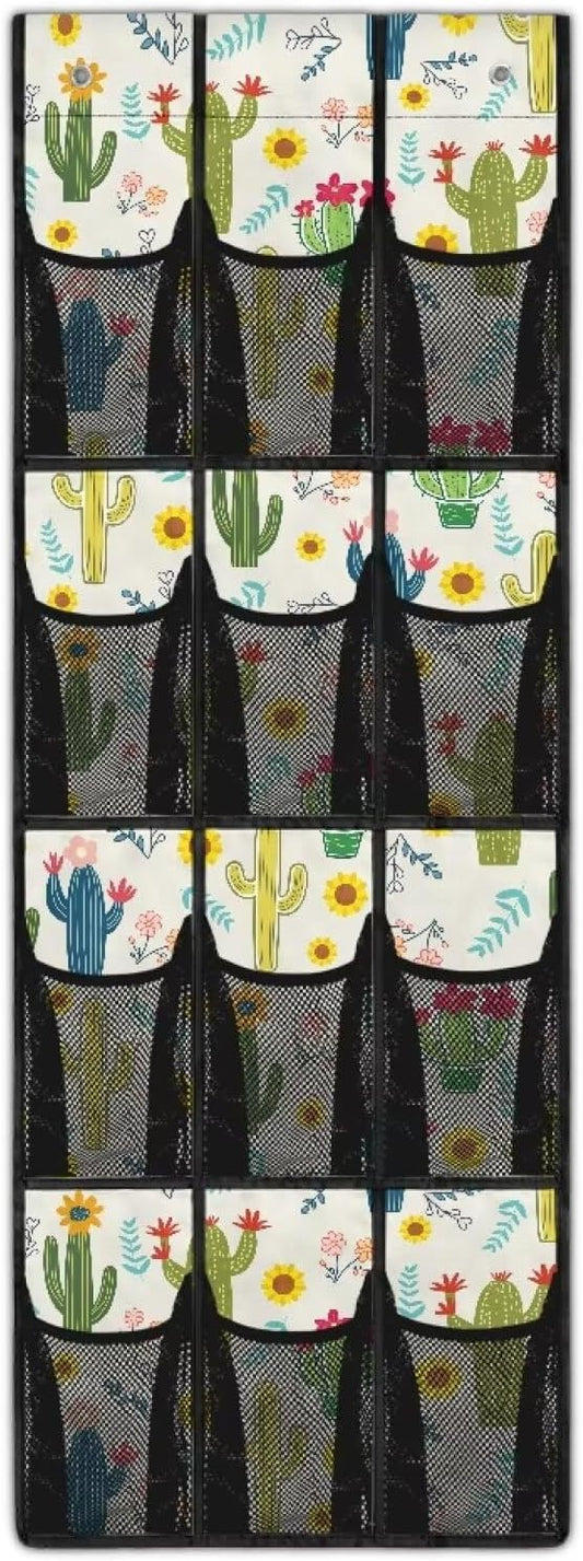 Cacti Over the Door Shoe Organizer,Hanging Storage Bags with 12 Mesh Large Pockets,Behind Door Shoes Hang Holder Rack