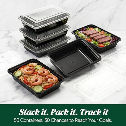 Glotoch Meal Prep Containers 32oz 50 Pack(100 Piece) with Lids, 1-compartment Plastic food storage containers Reusable, Bento boxes for portion control & takeout, Microwave/freezer/dishwasher safe