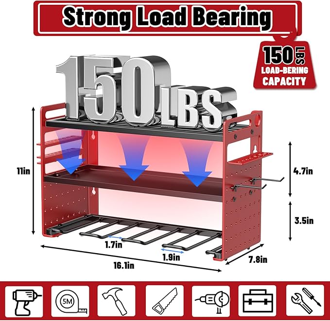 Modular Power Tool Organizer Wall Mount, Garage Drill Storage Shelf with Hooks, Heavy Duty Metal Premium Garage Tool Shelf, Gift for Man Cordless Tool Storage Rack (Red)