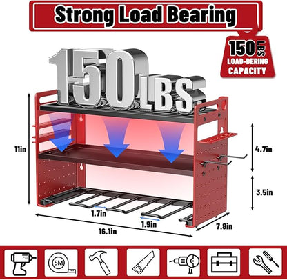 Modular Power Tool Organizer Wall Mount, Garage Drill Storage Shelf with Hooks, Heavy Duty Metal Premium Garage Tool Shelf, Gift for Man Cordless Tool Storage Rack (Red)