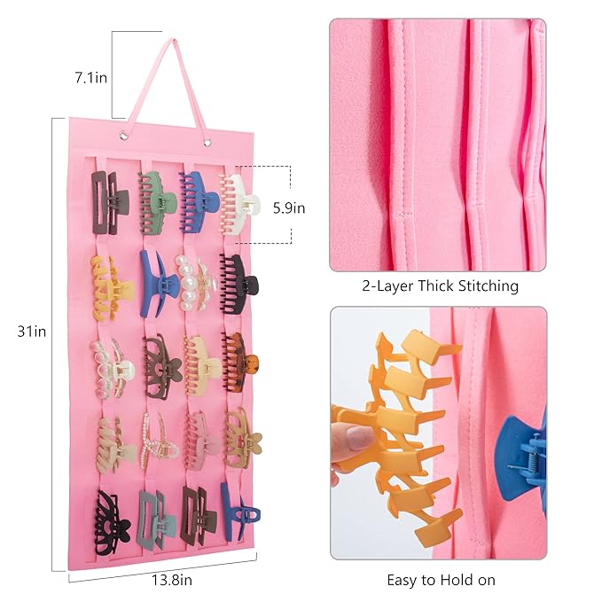 SMUK Hanging Hair Claw Clip Holder Organizer for Women Girls, Large Claw Clip Storage for Wall, Door, Pink Hair Accessories Organizer Display