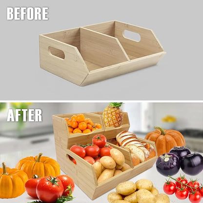 MinBoo Bamboo Stackable Pantry Storage Bins Potato and Onion Storage,Fruit Basket for Pantry Organization,Fruit Bowl for Kitchen Counter,Fruit and Vegetable Storage (Bamboo)