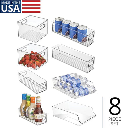 iDesign Fridge Storage Bin Set - Includes Bins with Handles and Water Bottle Holder, Set of 8, Clear