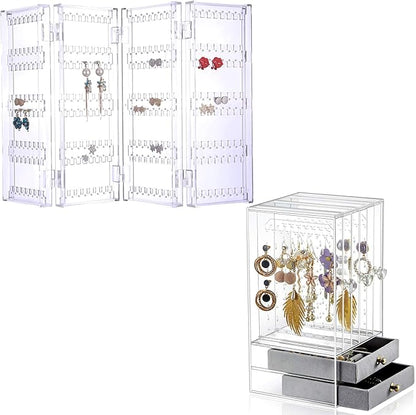 Sooyee 4 Doors Foldable Necklace Hanging Jewelry Organizer Double Sided Stand Display & 5 Drawers,Dustproof Jewelry Rack Display, Clear