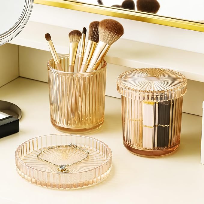 Glass Qtip Dispenser 2 Pack, Clear Bathroom Storage Organizer for Cotton Swabs, Balls, Pads & Floss Picks, Vanity Makeup Essential Accessories (Amber)