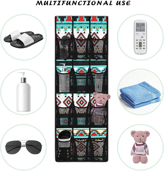 Aztec Hanging Shoe Organizer,Shoe Organizer Door Hanger with 12 Mesh Large Pockets,Behind Door Shoes Hang Holder Rack