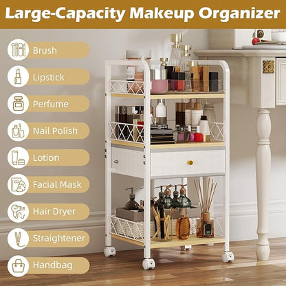 Makeup Organizer Rolling Cart with Drawer, Makeup Organizer on Wheels, Rolling Makeup Bathroom Storage Cart, Cosmetics Display for Nail Polish Makeup Brush