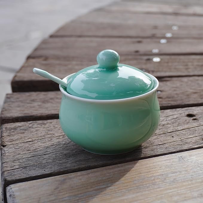 Porcelain Salt Cellar with Lid and Spoon, 4.4 oz Salt Container Sugar Bowl for Spice & Seasonings, Elegant Kitchen Counter Decor, Chinese Celadon (Light Green)