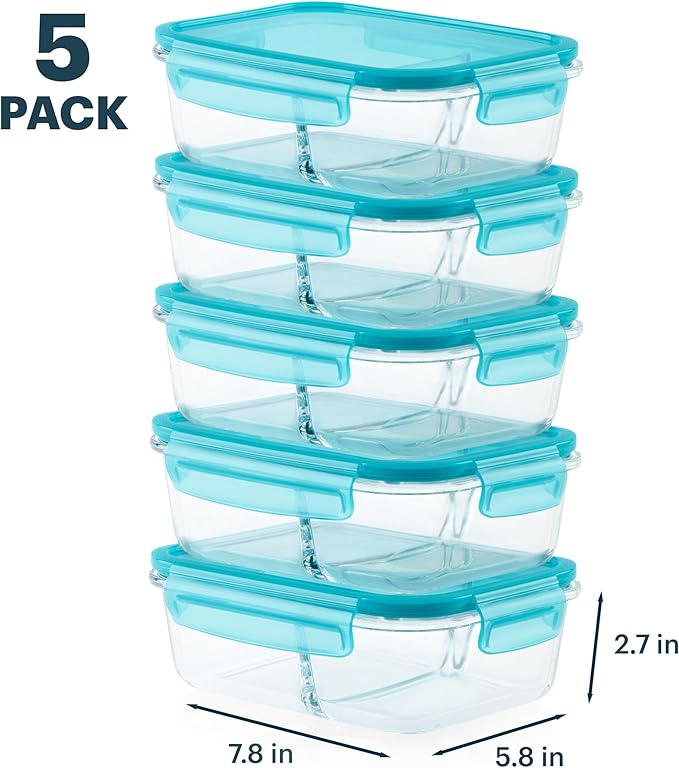 Pyrex Glass MealBox (5-Pack, 4 Cup) Divided Compartments with Locking Lids, For Meal Prepping and Portioning, BPA Free Microwave Dishwasher Safe