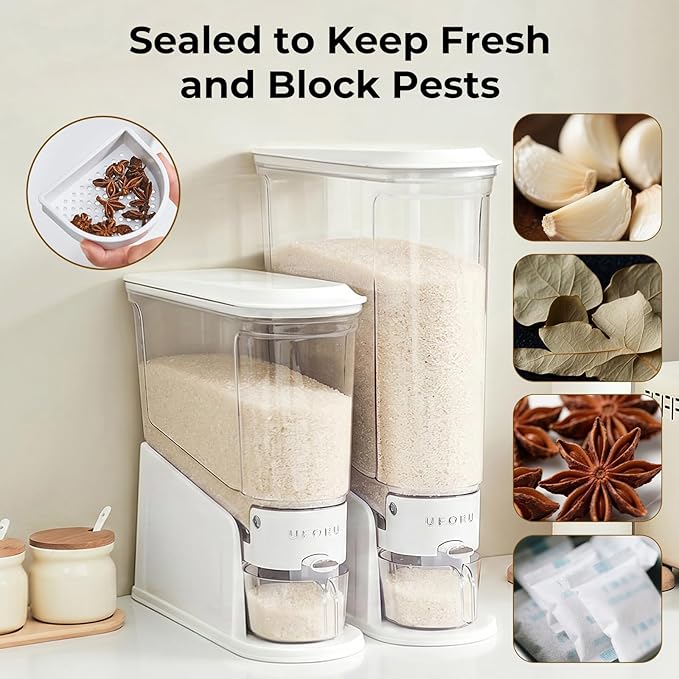 UFORU Rice Dispenser 11Lbs, Slim Rice Storage Container for Small Space, BPA-Free Clear Dry Food Dispenser Sealed Moisture Proof, Grain&Cereal Storage Bucket for Kitchen Pantry Household, White
