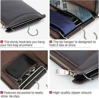 CONTACTS Tie Travel Case with Hanger Full Grain Leather Neckties Organizer with Hook & Jewelry Pocket Tie Storage Bag for 2 Ties by Handmade