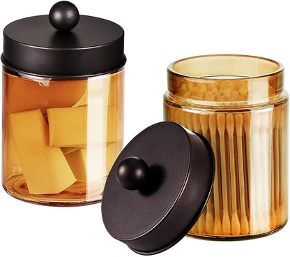 3 Pack Apothecary Jar Canisters Bathroom Vanity Organizer - Qtip Holder Storage Organizer Set Countertop Canister with Stainless Steel Lids &Cute Stickers for Qtips,Cotton Swabs,Makeup Sponges,Floss