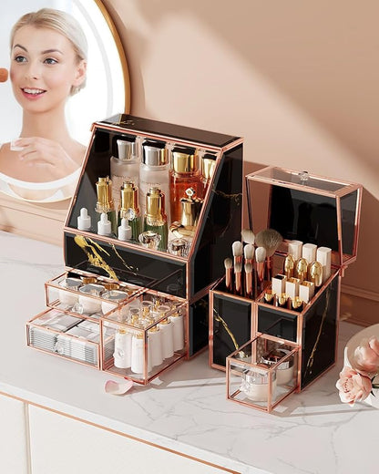 CoralHouse Makeup Organizer Black,Glass Vanity Organizer for Skincare, Perfume, Brushes & Lipsticks – Countertop Makeup Storage Box for Women, Bathroom or Dresser
