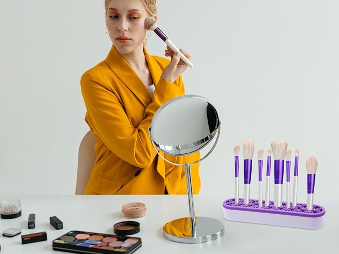 2Pcs Silicone Makeup Brush Holders Green Purple Stand Makeup Brush Organizers Make Up Brushes Storage for Painting Pen Brushes Nail Clippers Drill Pens Ruler Sewing Craft Tools