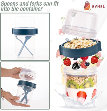 4 Pack On The Go 22 oz Breakfast Cups with Lids and Spoon, Reusable Cereal Yogurt Cup with Topping Plastic Overnight Oats Container for Granola Oatmeal (22 oz - Turquoise- 4 Pack)