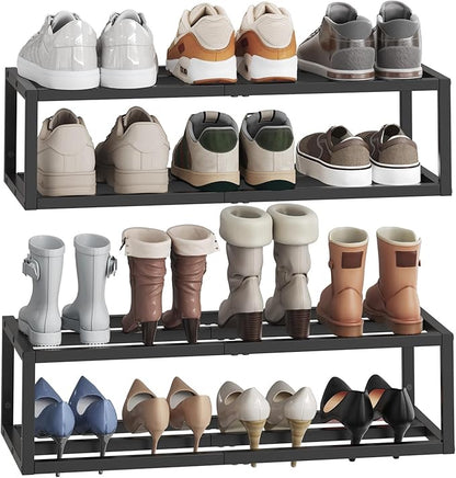 HOOBRO Wall-Mounted Shoe Rack, 2 Pack Hanging Metal Shoe Shelf, Space-Saving Shoe Storage Organizer, Holds 12-16 Pairs, Shoe Holder for Entryway, Closet, Small Spaces, Black BK44XJP201