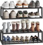 HOOBRO Wall-Mounted Shoe Rack, 2 Pack Hanging Metal Shoe Shelf, Space-Saving Shoe Storage Organizer, Holds 12-16 Pairs, Shoe Holder for Entryway, Closet, Small Spaces, Black BK44XJP201