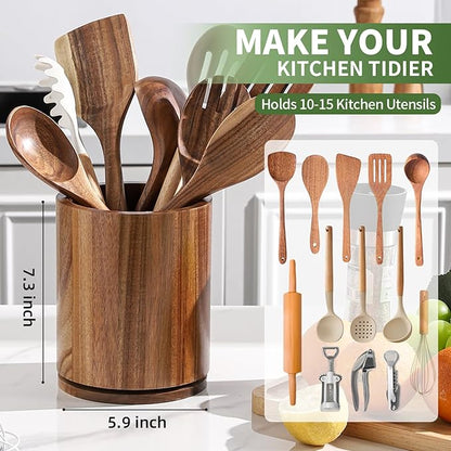 Wooden Utensil Holder, 360°Rotating 7.3'' Large Utensil Holder for Kitchen Counter, Kitchen Utensil Organizer, Utensil Crock, Farmhouse Kitchens Countertop Decor, Acacia Wood