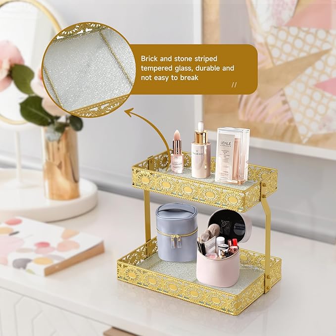 xiaojuande-Two Layer Glass Storage Tray with Portable Dressing Table Skin Care Product Organization Rack Corner Storage Rack for Bathroom Counter High-end Light Luxury Display Plate - Gold (Gold)