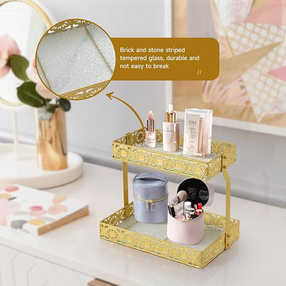xiaojuande-Two Layer Glass Storage Tray with Portable Dressing Table Skin Care Product Organization Rack Corner Storage Rack for Bathroom Counter High-end Light Luxury Display Plate - Gold (Gold)