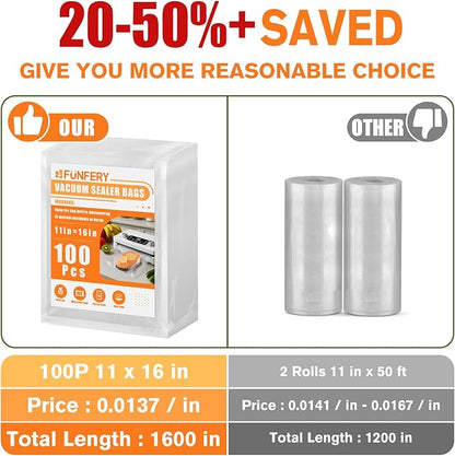 FUNFERY Precut Vacuum Sealer Bags for Food, 100 Gallon 11" x 16", Food Long-Term Storage and Sous Vide Commercial-Grade Bag, BPA Free for Microwave, Boiling,Sous Vide, Refrigerator