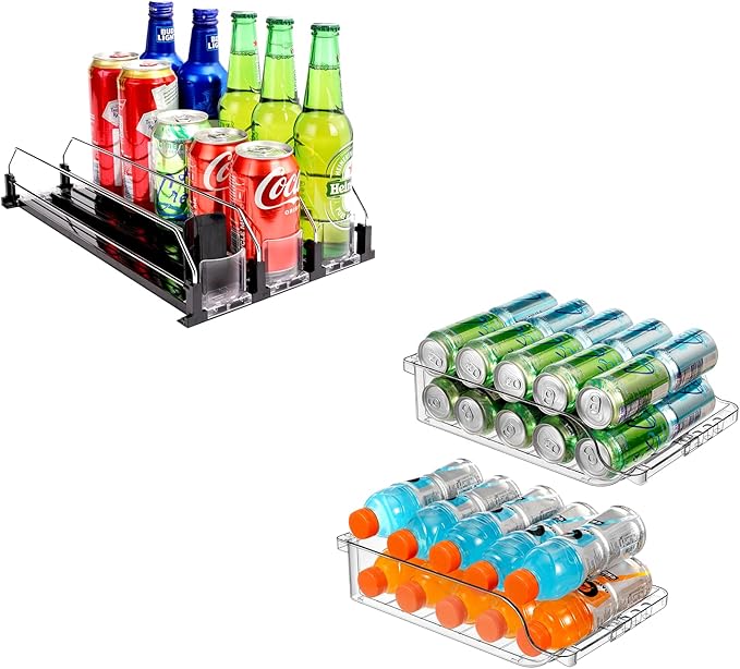 Automatic Soda Can Organizer and 2 Packs Clear Width Adjustable Soda Can Organizer for Refrigerator for Beer Soda Seltzer Drink Pop Cans Holder Storage Pantry Organization