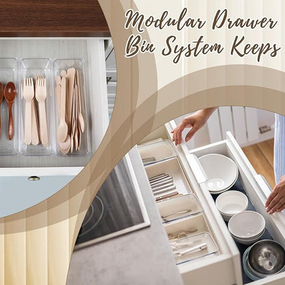 Dimeho 12 PCS Drawer Organizers Clear Plastic Vanity Drawer Dividers Kitchen Silverware Utensil Storage Desk Storage Tray for Bathroom Bedroom Office Makeup Jewelry 9 x 3 x 2 Inches