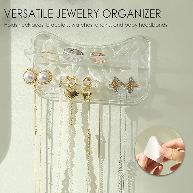 Necklace Holder Wall Mounted, Adhesive Plastic Jewelry Organizer with 8 Hooks – Stylish Necklace Rack, Ideal for Necklaces, Studs, Bracelets, Earrings, and More