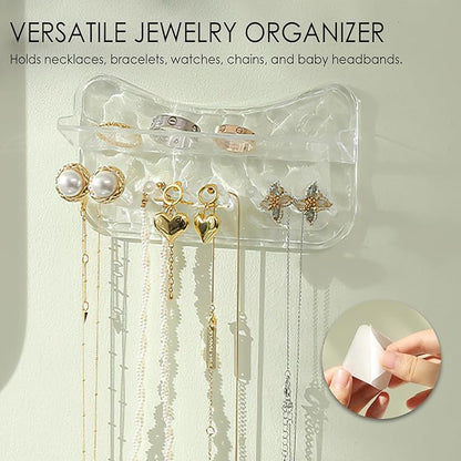 Necklace Holder Wall Mounted, Adhesive Plastic Jewelry Organizer with 8 Hooks – Stylish Necklace Rack, Ideal for Necklaces, Studs, Bracelets, Earrings, and More