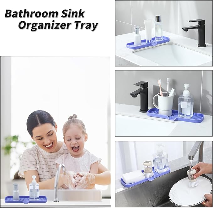 MicoYang Silicone Bathroom Soap Dishes with Drain Spout-Bathroom and Kitchen Sink Organizer,Sponge Holder,Dish Soap Tray,Perfect for Dispenser,Scrubber,Bottle on Sink or Counter-Light Purple 12"×4"