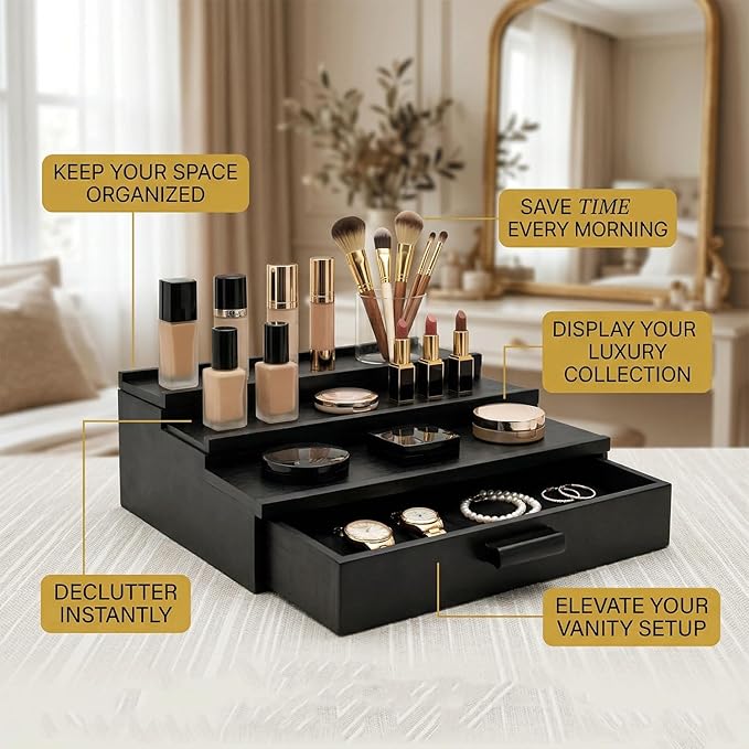 3 Tier Cologne Organizer for Men with Drawer – Solid Wood Perfume Stand Organizer, Wooden Cologne Display Shelf for Dresser, Countertop cologne storage Rack, Mens Cologne Holder, Bathroom Vanity Organizer
