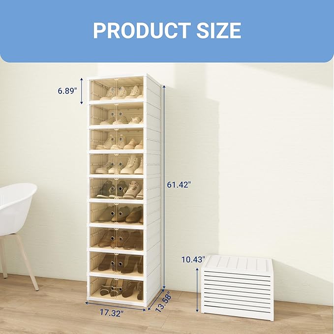 FLEXIMOUNTS Shoe Rack Organizer Storage Box 9 Tiers-18 Pairs, Portable Folding Shoe Rack for Closet Entryway, Collapsible Shoe Cabinet with Magnetic Clear Door for Front Door Entrance