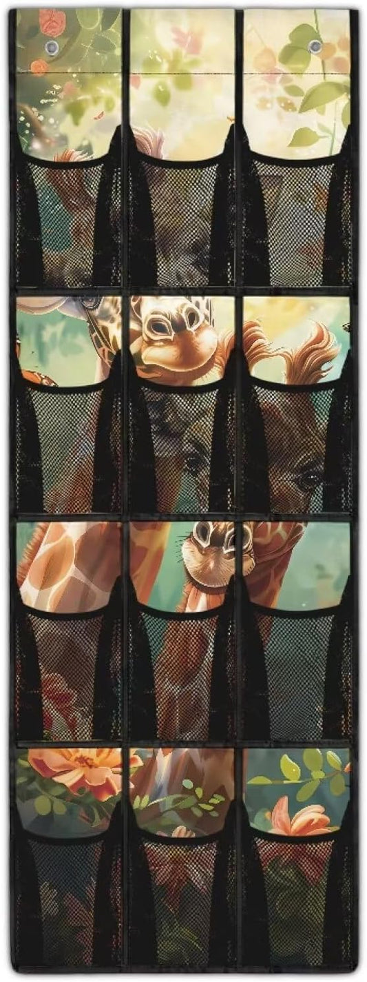 Hanging Shoe Organizer, Giraffe No Dril Over Door Hanging Storage Bag 12 Large Mesh Pockets Closet Door Hanging Shoe Rack Organizer for Bedroom Bathroom Office Nursery