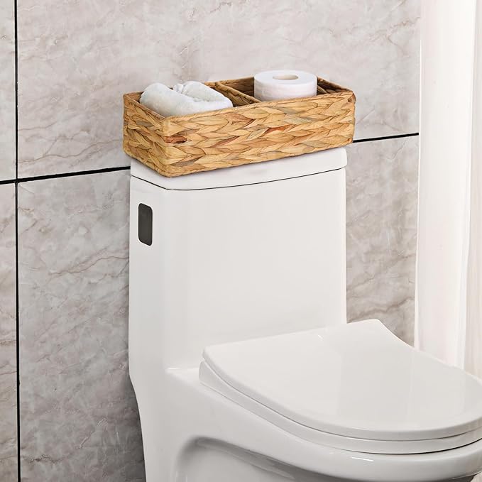 Vagusicc 2 Section Wicker Storage Basket, Set of 2 Hand-woven Water Hyacinth Storage Baskets, Toilet Tank Basket, Small Wicker Baskets, Woven baskets, Baskets for Organizing Storage Shelves, 2-Pack
