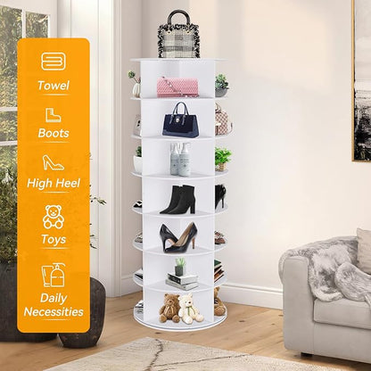 7 Tier Rotating Shoe Rack Tower, 360° Spinning Display Rack, Space Saving Storage Organizer with Lazy Susan for Closet, Hallway, Bedroom, Living Room, Dressing Room