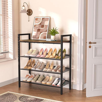 WIN4ALL Shoe Rack for Front Door Entrance, 4 Tier Shoe Rack for Entryway, 12-16 Pairs of Shoes, Metal Shoe Rack Organizer, Free Standing Shoe Rack for Closet (Black+Rustic Brown)