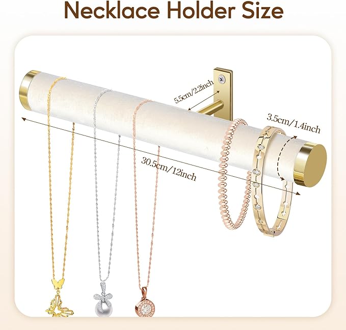 Velvet Necklace Holder Wall Jewelry Organizer, 12" Hanging Necklace Organizer, 2 Pack Wall Mounted Necklace Hanger for Bracelets Bangles Display,Beige