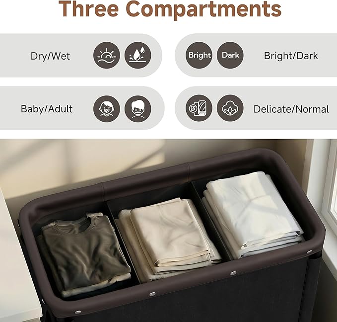 StorageWorks 3 Section Laundry Hamper, Rolling Laundry Cart with Wheels and Handles, Laundry Room Double Sorter for Organizer and Storage, 31.7 Gal(120L), Black