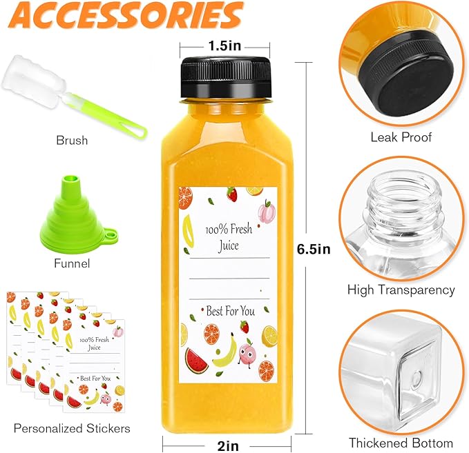 Leaflai Juice Bottles - 12oz Bottles with Lids, 6 pcs Plastic Juice Containers with Caps Reusable Drink Containers for Juice Milk Coffee Water Smoothie and Other Beverages Christmas gifts