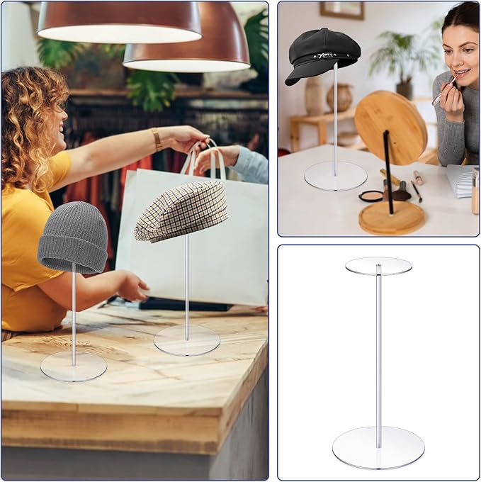 Dimeho 6 PCS Acrylic Hat Stand 12" Clear Wig Display Rack Baseball Cap Holder Acrylic Risers With Round Barbell Pedestal for Display Tabletop Watch Jewelry Multiple Hats
