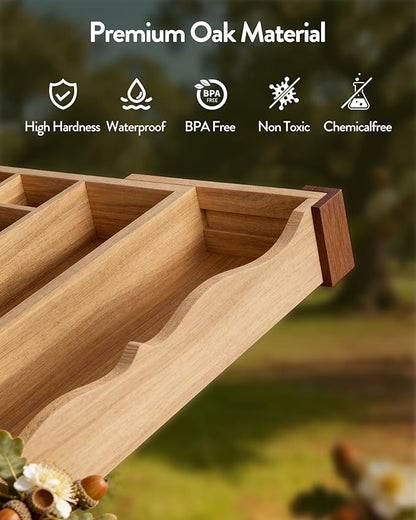 Orimade Oak Expandable Silverware Drawer Organizer, Adjustable Kitchen Utensil Holder & Cutlery Tray Drawer Dividers for Flatware (10 Slot), Large