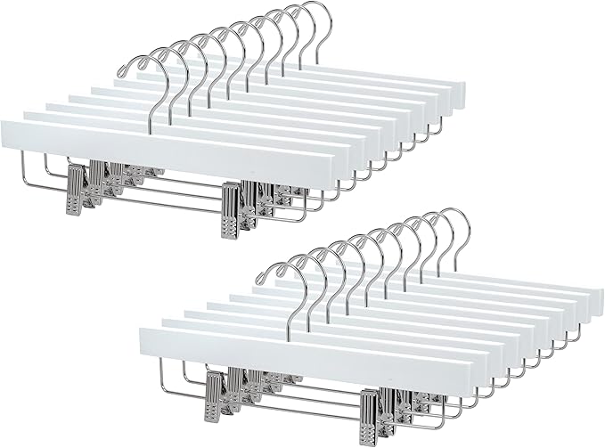 24 Pack Wooden Pants Hangers, Solid Wood Bottom Jeans Skirt Hanger with 2-Adjustable Clips Anti Rust Hook-HL01WP24
