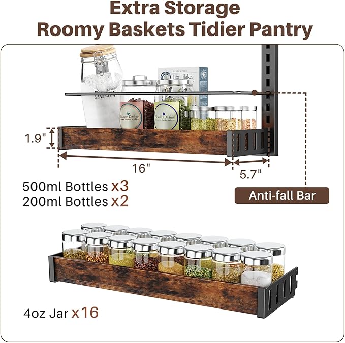 6 Tier Over The Door Pantry Organizer, 2 IN 1 Wall Mount or Metal Hanging Spice Rack for Pantry Organizers and Storage, Seasoning Shelves，Adjustable Basket with Hooks for Kitchen Cabinet and Closet